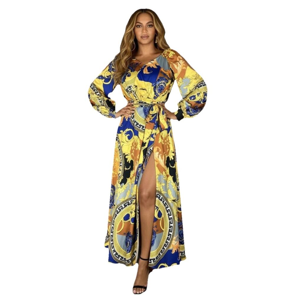 Nubiano Colorful Printed Maxi Dress 26W Dopamine Self-Tie Slit‎ Resort wear